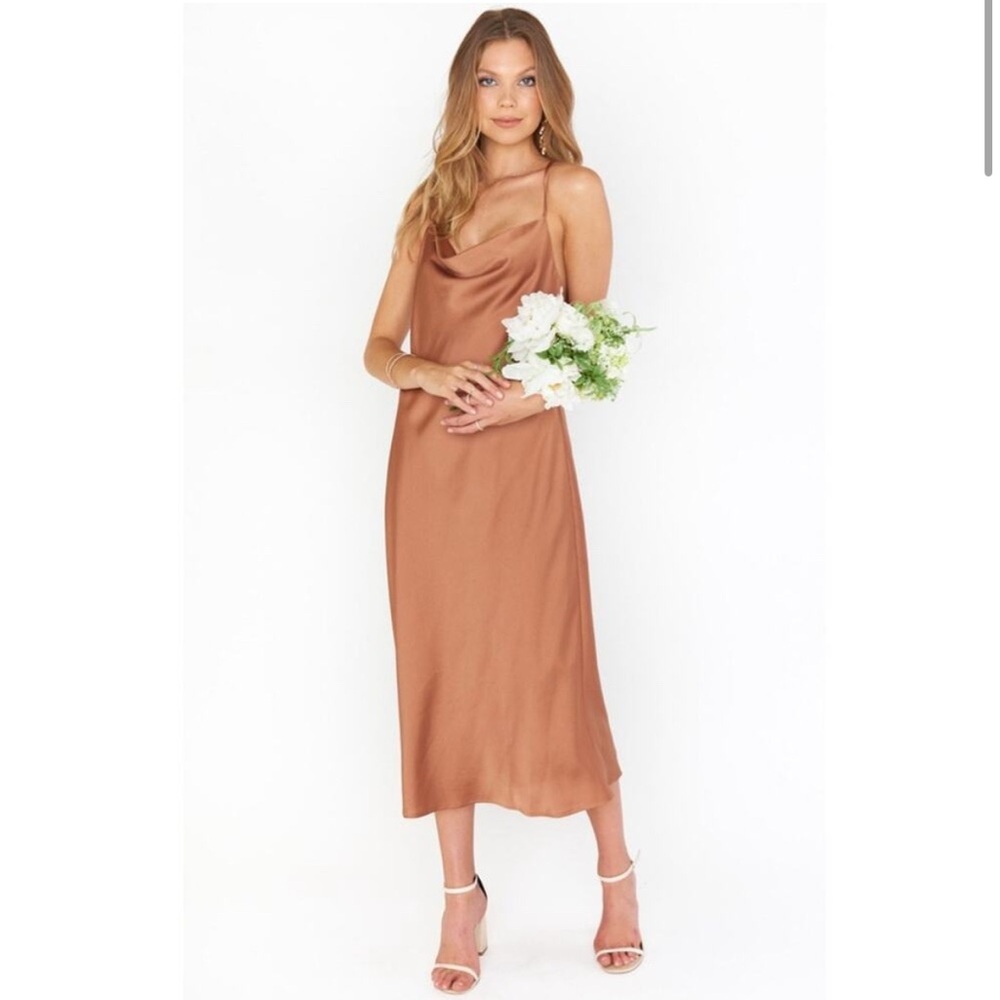 Show Me Your Mumu Verona Cowl Dress in Copper Luxe Satin XS